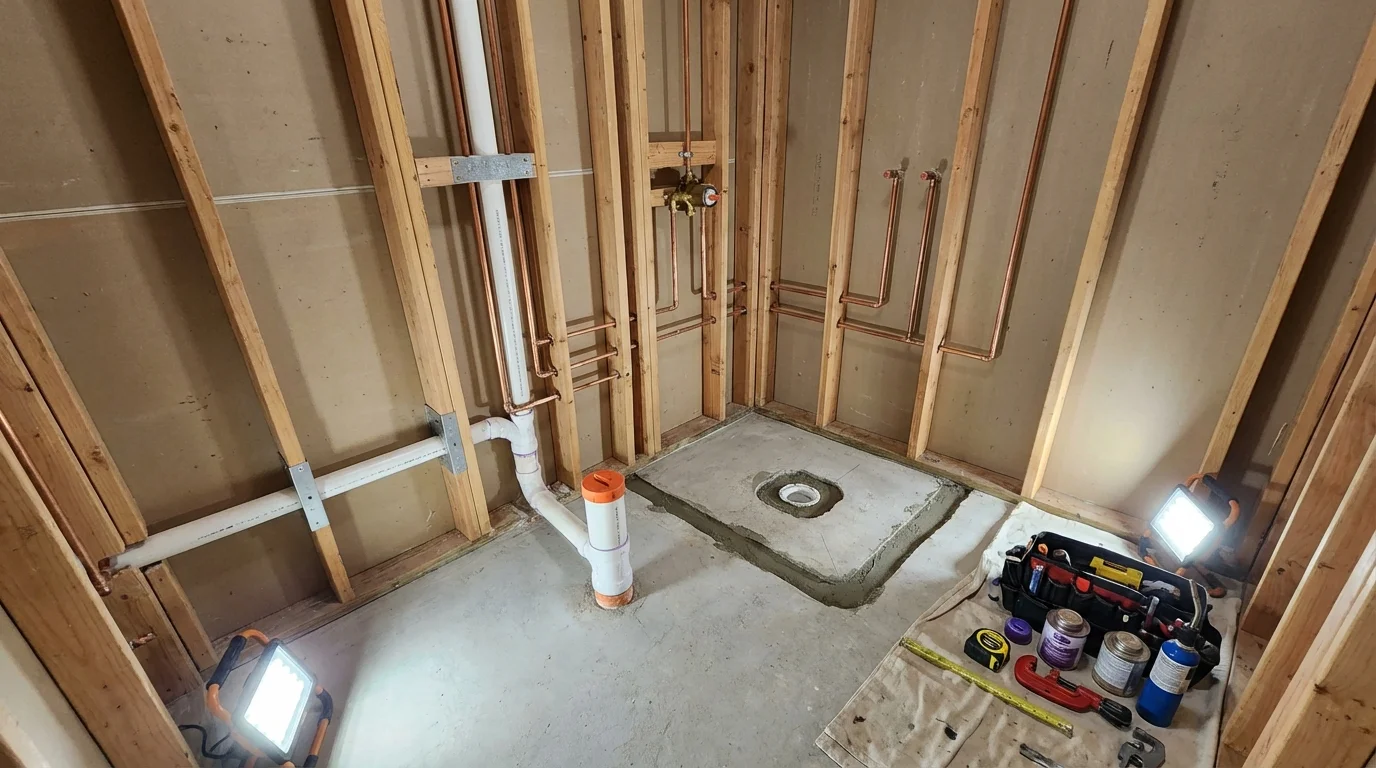 Bathroom rough-in plumbing during remodel by Johns Plumbing LLC in Ashland