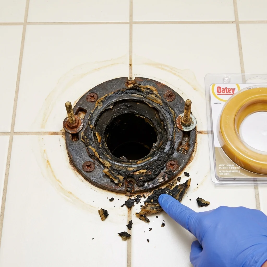 Failed wax ring showing water seepage at the base of a toilet in a Ashland, MS home