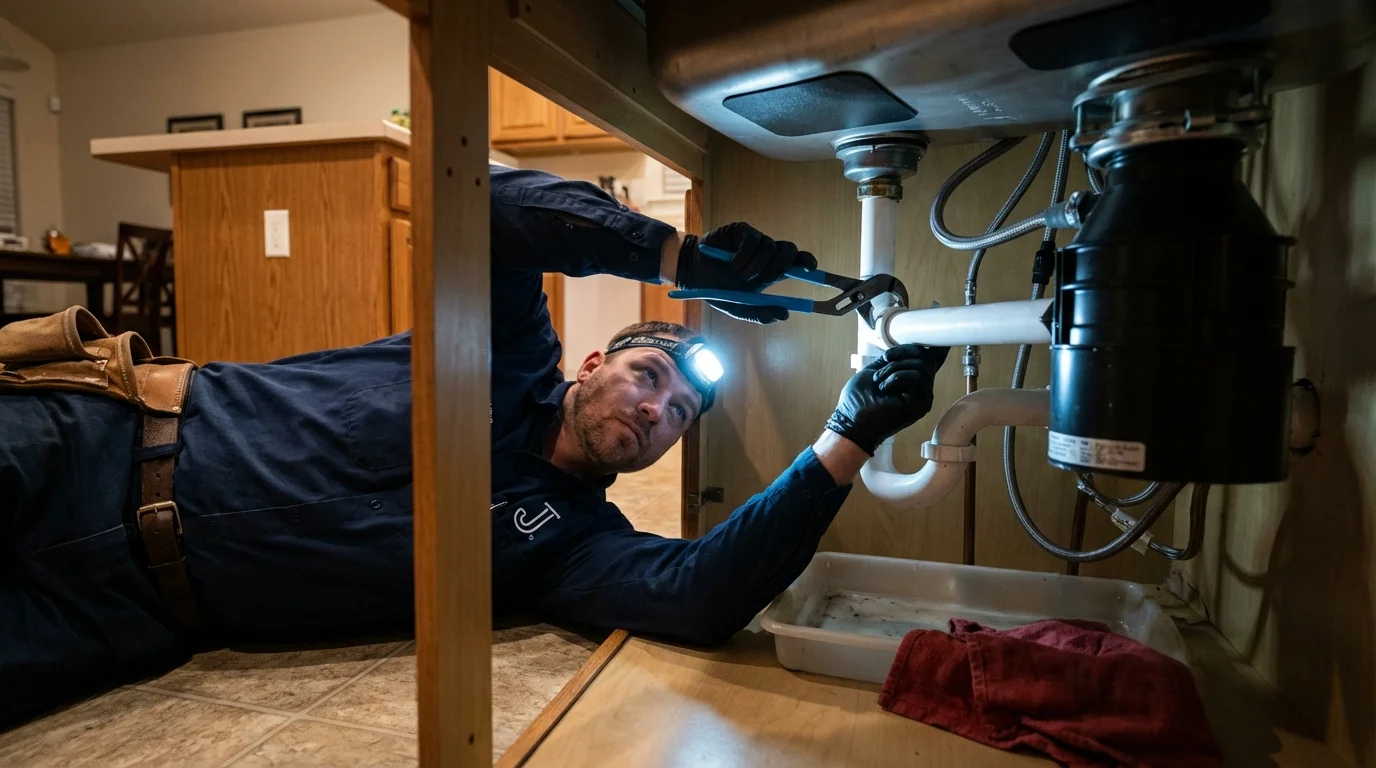 P-trap and supply line connections under a kitchen sink showing a common leak point in Ashland, MS